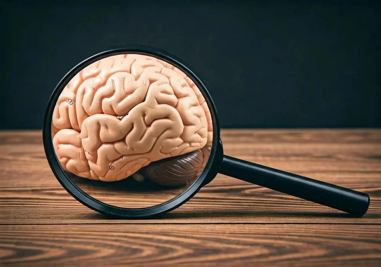 A model brain examined under a magnifying glass
