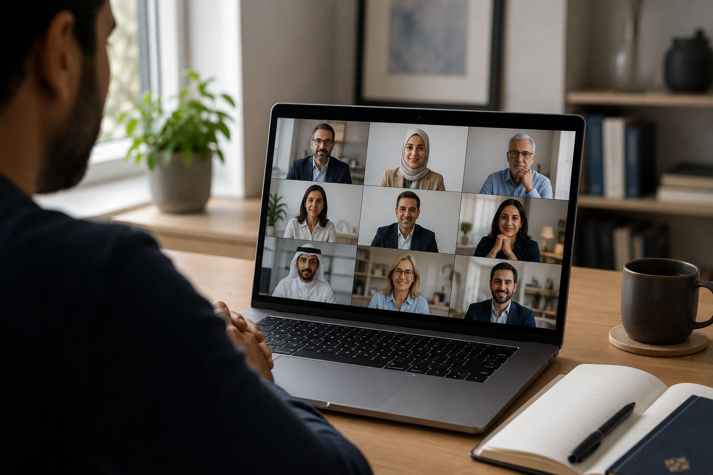 A doctor joining a video call with colleagues across the region